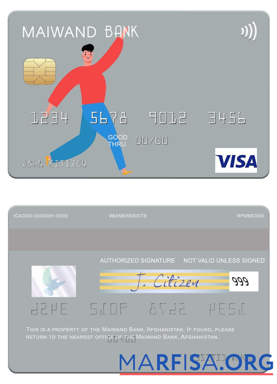 Realistic Afghanistan Maiwand Bank visa card example